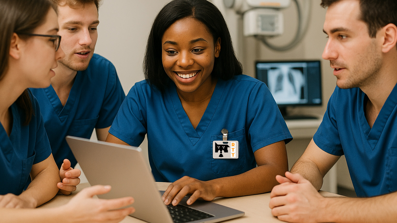 LMRT students collaborating on exam prep around a laptop.